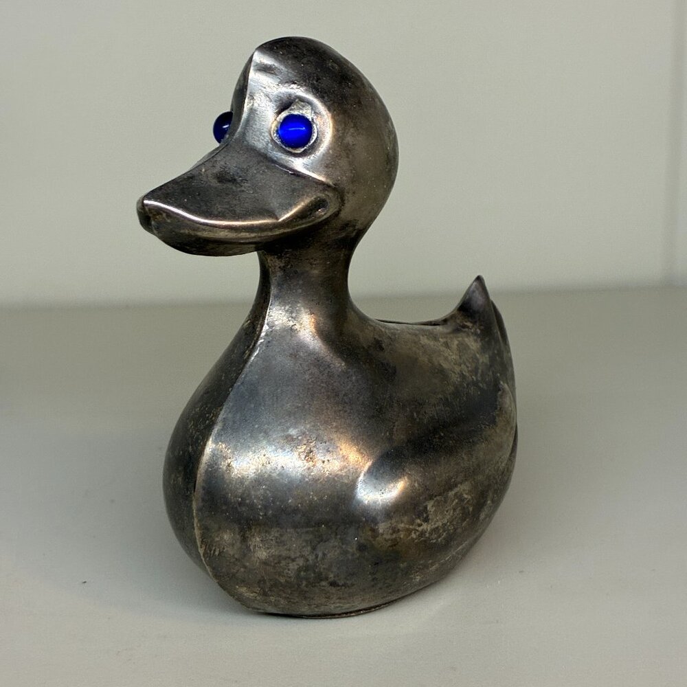 Vintage E P Brass Duck Coin Bank Blue Eyes Made in Hong Kong